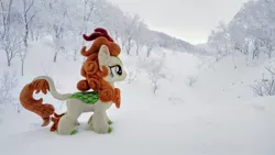 Size: 2048x1152 | Tagged: safe, derpibooru import, photographer:pakapaka1993, autumn blaze, kirin, image, irl, irl photo, japan, jpeg, photo, plushie, snow, solo, tree, winter