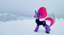 Size: 2048x1145 | Tagged: safe, derpibooru import, photographer:pakapaka1993, tempest shadow, pony, unicorn, image, irl, irl photo, japan, jpeg, photo, plushie, snow, snowfall, solo, tree, winter