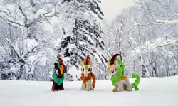 Size: 2048x1221 | Tagged: safe, derpibooru import, photographer:pakapaka1993, autumn blaze, cinder glow, spring glow, summer flare, kirin, pony, image, irl, irl photo, japan, jpeg, photo, plushie, snow, tree, trio, winter