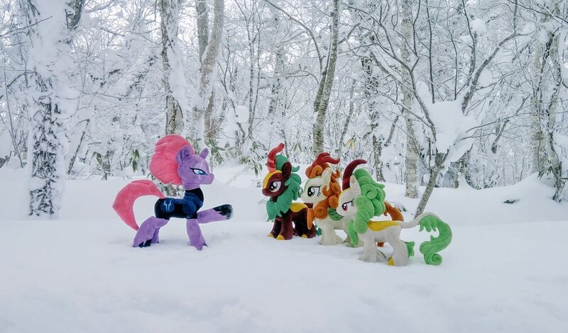 Size: 1024x601 | Tagged: safe, derpibooru import, photographer:pakapaka1993, autumn blaze, cinder glow, spring glow, summer flare, tempest shadow, kirin, pony, unicorn, image, irl, irl photo, japan, jpeg, photo, plushie, snow, tree, winter