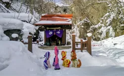 Size: 2048x1260 | Tagged: safe, derpibooru import, photographer:pakapaka1993, autumn blaze, starlight glimmer, sunset shimmer, tempest shadow, kirin, pony, unicorn, guanyin, image, irl, irl photo, japan, jpeg, photo, plushie, rock, shrine, snow, tree, vase, winter