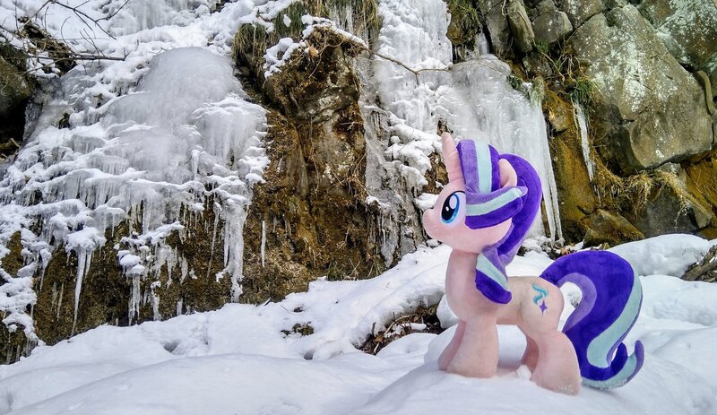 Size: 2048x1184 | Tagged: safe, derpibooru import, photographer:pakapaka1993, starlight glimmer, pony, unicorn, ice, icicle, image, irl, irl photo, japan, jpeg, photo, plushie, rock, snow, solo, winter