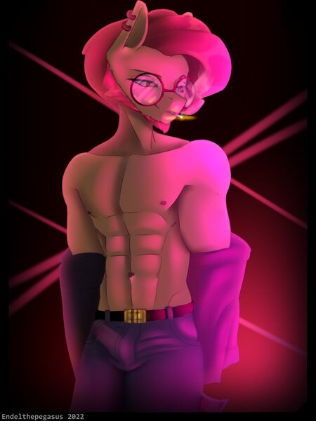 Size: 900x1200 | Tagged: suggestive, artist:endelthepegasus, derpibooru import, oc, oc:zeleniy, anthro, anthro oc, beard, belly button, bulges, cigarette, clothes, ear piercing, facial hair, glasses, image, jpeg, muscles, nipples, nudity, piercing, sideburns, undressing