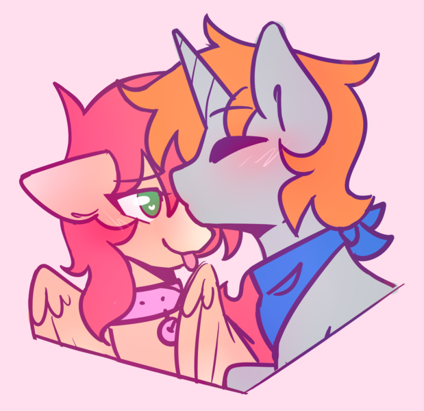 Size: 1915x1857 | Tagged: safe, artist:fuzzystarart, derpibooru import, oc, oc:disterious, oc:pastel patches, unofficial characters only, pegasus, pony, unicorn, bell, blushing, collar, cute, eyes closed, female, green eyes, horn, image, kissing, male, mare, neckerchief, png, stallion, tongue out, wings