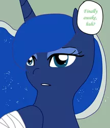 Size: 580x675 | Tagged: safe, artist:lightybulb, derpibooru import, princess luna, oc, oc:nina, alicorn, pony, series:arc 1, bandage, image, jpeg, offscreen character