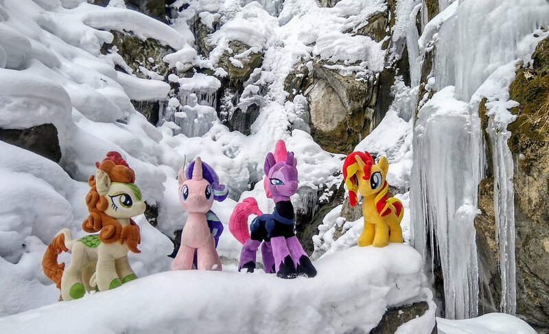 Size: 2048x1244 | Tagged: safe, derpibooru import, photographer:pakapaka1993, autumn blaze, starlight glimmer, sunset shimmer, tempest shadow, kirin, pony, unicorn, ice, icicle, image, irl, irl photo, japan, jpeg, photo, plushie, snow, winter