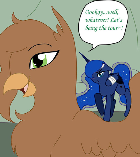 Size: 600x674 | Tagged: safe, artist:lightybulb, derpibooru import, princess luna, oc, oc:nina, alicorn, hippogriff, pony, series:arc 1, bandage, image, jpeg