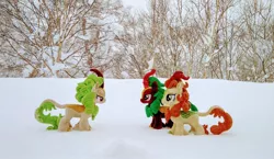 Size: 2048x1184 | Tagged: safe, derpibooru import, photographer:pakapaka1993, autumn blaze, cinder glow, spring glow, summer flare, kirin, image, irl, irl photo, japan, jpeg, photo, plushie, snow, tree, trio, winter