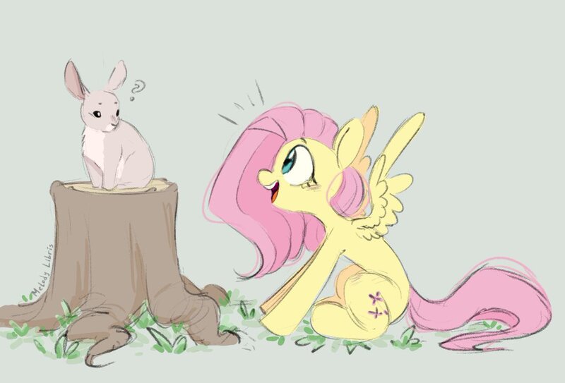 Size: 1200x814 | Tagged: safe, artist:melodylibris, derpibooru import, fluttershy, pegasus, pony, rabbit, animal, cute, female, image, jpeg, mare, open mouth, profile, question mark, shyabetes, sitting, solo, tree stump