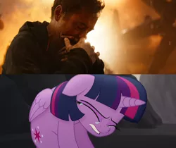 Size: 1920x1614 | Tagged: safe, derpibooru import, screencap, twilight sparkle, twilight sparkle (alicorn), alicorn, pony, my little pony: the movie, avengers: infinity war, comparison, crying, despair, female, folded wings, image, iron man, mare, marvel, no i can't i ruined everything, png, sad, tony stark, wings