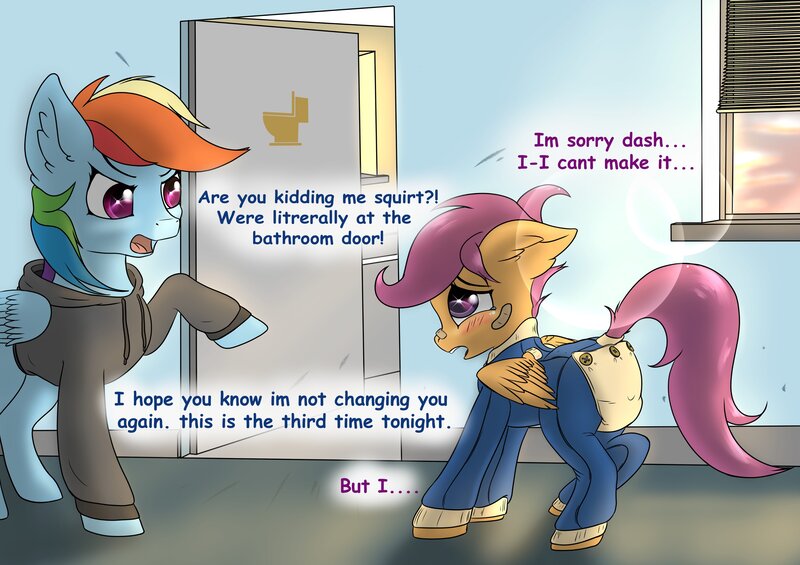 Size: 4096x2892 | Tagged: questionable, artist:db, artist:dbcreativearts, derpibooru import, rainbow dash, scootaloo, pegasus, accident, clothes, diaper, diaper fetish, fetish, hoodie, image, jpeg, onesie, potty emergency, potty time