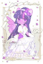 Size: 1200x1800 | Tagged: safe, artist:xieyanbbb, derpibooru import, part of a set, twilight sparkle, twilight sparkle (alicorn), alicorn, pony, semi-anthro, alternate hairstyle, choker, clothes, colored pupils, cute, dress, female, flower, flower in hair, gloves, image, jpeg, looking at you, mare, petals, pillar, rose, solo, twiabetes, wedding dress