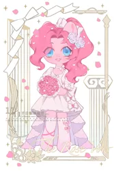 Size: 1200x1800 | Tagged: safe, artist:xieyanbbb, derpibooru import, part of a set, pinkie pie, pony, semi-anthro, alternate hairstyle, bouquet, clothes, colored pupils, cute, diapinkes, dress, female, flower, flower in hair, heart, hoof hold, image, jpeg, looking at you, mare, open mouth, petals, ponytail, rose, socks, solo, stockings, thigh highs, wedding dress