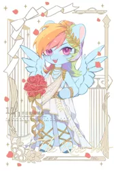 Size: 1200x1800 | Tagged: safe, artist:xieyanbbb, derpibooru import, part of a set, rainbow dash, pony, semi-anthro, bouquet, choker, clothes, cute, dashabetes, dress, female, flower, greek, hoof on hip, image, jpeg, laurel wreath, mare, open mouth, solo, wedding dress