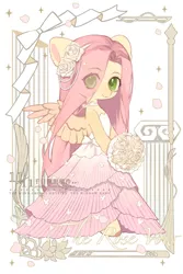 Size: 1200x1800 | Tagged: safe, artist:xieyanbbb, derpibooru import, part of a set, fluttershy, semi-anthro, backless, bouquet, choker, clothes, colored pupils, cute, dress, eye clipping through hair, flower, flower in hair, hair over one eye, image, jpeg, looking at you, neck bow, petals, rose, shyabetes, solo, strapless, wedding dress, wrong eye color