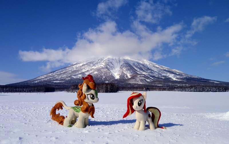 Size: 2048x1293 | Tagged: safe, derpibooru import, photographer:pakapaka1993, autumn blaze, oc, oc:poniko, earth pony, kirin, pony, cloud, duo, earth pony oc, image, irl, irl photo, japan, jpeg, mountain, photo, plushie, snow, winter