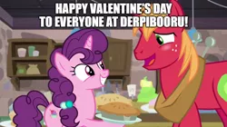 Size: 888x499 | Tagged: safe, derpibooru import, edit, edited screencap, screencap, big macintosh, sugar belle, earth pony, pony, unicorn, derpibooru, caption, comic, female, food, holiday, image, image macro, kitchen, male, mare, meta, pie, png, stallion, text, valentine's day