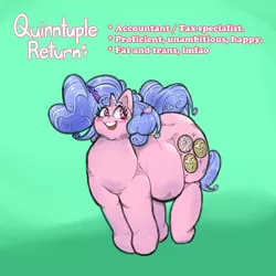 Size: 1300x1300 | Tagged: safe, artist:gabrielcoroum, derpibooru import, oc, oc:quintuple return, unofficial characters only, pony, unicorn, abstract background, blue mane, chubby cheeks, coin, colored, demigirl, demigirl pride flag, donut, double chin, fat, food, genderfluid, heart, image, looking away, pink coat, pink eyes, png, pride, pride flag, pronking, reference sheet, smiling, transgender