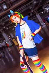 Size: 1280x1920 | Tagged: photographer needed, safe, artist:rikadiane, derpibooru import, rainbow dash, human, clothes, cosplay, costume, cutie mark, cutie mark on clothes, goggles, hand on hip, image, irl, irl human, irl photo, jpeg, multicolored hair, photo, rainbow hair, rainbow socks, skateboard, socks, striped socks