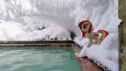 Size: 2048x1152 | Tagged: safe, derpibooru import, photographer:pakapaka1993, oc, oc:poniko, unofficial characters only, pony, hot springs, ice, icicle, image, irl, irl photo, japan, jpeg, photo, plushie, snow, solo, water, winter