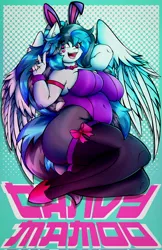 Size: 2650x4096 | Tagged: suggestive, artist:canvymamamoo, derpibooru import, oc, oc:canvy, unofficial characters only, anthro, pegasus, unguligrade anthro, abstract background, arm behind head, belly button, big breasts, bowtie, breasts, bunny ears, bunny suit, clothes, cuffs (clothes), ear fluff, female, floating heart, hair bun, heart, heart eyes, hoof shoes, image, jpeg, leotard, open mouth, pantyhose, peace sign, smiling, socks, solo, solo female, stockings, thigh highs, wingding eyes