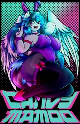 Size: 2650x4096 | Tagged: suggestive, alternate version, artist:canvymamamoo, derpibooru import, oc, oc:canvy, unofficial characters only, anthro, pegasus, unguligrade anthro, abstract background, arm behind head, belly button, big breasts, bowtie, breasts, bunny ears, bunny suit, clothes, cuffs (clothes), ear fluff, female, floating heart, hair bun, heart, heart eyes, hoof shoes, image, jpeg, leotard, open mouth, pantyhose, peace sign, smiling, socks, solo, solo female, stockings, thigh highs, wingding eyes