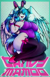 Size: 2650x4096 | Tagged: suggestive, artist:canvymamamoo, derpibooru import, oc, oc:canvy, unofficial characters only, anthro, pegasus, unguligrade anthro, abstract background, arm behind head, belly button, big breasts, bowtie, breasts, bunny ears, bunny suit, clothes, cuffs (clothes), ear fluff, female, floating heart, hair bun, heart, heart eyes, hoof shoes, image, jpeg, leotard, open mouth, peace sign, smiling, socks, solo, solo female, stockings, thigh highs, wingding eyes