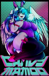 Size: 2650x4096 | Tagged: suggestive, alternate version, artist:canvymamamoo, derpibooru import, oc, oc:canvy, unofficial characters only, anthro, pegasus, unguligrade anthro, abstract background, arm behind head, belly button, big breasts, bowtie, breasts, bunny ears, bunny suit, clothes, cuffs (clothes), ear fluff, female, floating heart, hair bun, heart, heart eyes, hoof shoes, image, jpeg, leotard, open mouth, peace sign, smiling, socks, solo, solo female, stockings, thigh highs, wingding eyes