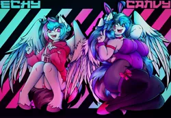 Size: 4096x2816 | Tagged: suggestive, artist:canvymamamoo, derpibooru import, oc, oc:canvy, oc:echy, unofficial characters only, anthro, pegasus, unguligrade anthro, abstract background, arm behind head, belly button, big breasts, blushing, bowtie, breasts, bunny ears, bunny suit, clothes, cuffs (clothes), ear fluff, eyebrows, eyebrows visible through hair, fangs, female, floating heart, freckles, hair bun, heart, heart eyes, hoodie, hoof shoes, image, jpeg, leotard, lidded eyes, looking at you, male, open mouth, pantyhose, peace sign, siblings, sitting, smiling, socks, stockings, striped underwear, thigh highs, twins, underwear, unshorn fetlocks, wingding eyes