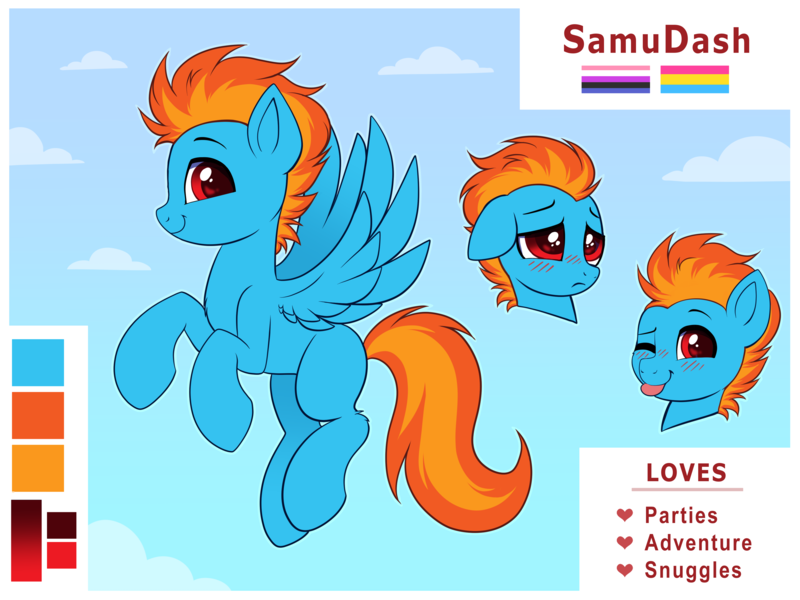 Size: 4000x3000 | Tagged: safe, artist:confetticakez, derpibooru import, oc, oc:samudash, unofficial characters only, pegasus, pony, :p, blushing, cloud, floppy ears, flying, frown, full body, high res, hooves, image, looking at you, one eye closed, pegasus oc, png, pride flag, raspberry, reference sheet, sad, sky, smiling, solo, spread wings, tail, tongue out, two toned mane, two toned tail, wings, wink