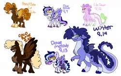 Size: 1694x1067 | Tagged: safe, artist:jinx32297, derpibooru import, oc, oc:coco butter, oc:dove melody, oc:lila dawn, oc:peanut butter cup, oc:winter, unofficial characters only, dracony, hybrid, pegasus, pony, female, filly, foal, image, interspecies offspring, jpeg, male, offspring, parent:cheese sandwich, parent:pinkie pie, parent:princess cadance, parent:rarity, parent:shining armor, parent:spike, parents:cheesepie, parents:shiningcadance, parents:sparity, simple background, stallion, updated design, white background