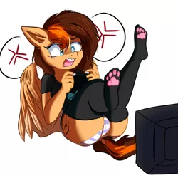 Size: 3000x3000 | Tagged: suggestive, artist:thieftea, derpibooru import, oc, oc:aerion featherquill, unofficial characters only, anthro, pegasus, angry, blush sticker, blushing, clothes, commission, controller, female, heart, image, panties, paw pads, paw socks, png, shirt, socks, solo, t-shirt, television, thigh highs, underwear, wings, ych result