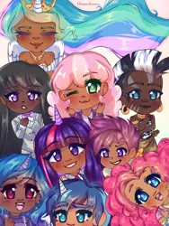 Size: 1620x2160 | Tagged: safe, artist:diameltzowo, derpibooru import, cheerilee, izzy moonbow, octavia melody, pinkie pie, princess celestia, scootaloo, shining armor, twilight sparkle, zecora, earth pony, human, pegasus, unicorn, blackwashing, chibi, dark skin, female, g5, humanized, image, male, png