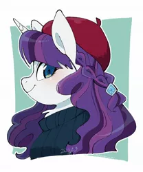 Size: 1748x2096 | Tagged: safe, artist:potetecyu_to, derpibooru import, rarity, pony, unicorn, beatnik rarity, beret, blushing, bust, clothes, female, hat, image, jpeg, looking at you, mare, profile, smiling, smiling at you, solo, sweater, turtleneck