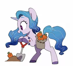 Size: 1742x1569 | Tagged: safe, artist:potetecyu_to, derpibooru import, izzy moonbow, pony, unicorn, bag, bipedal, bipedal leaning, carrot, cute, digging, female, food, g5, image, izzybetes, jpeg, leaning, mare, open mouth, open smile, saddle bag, shovel, simple background, smiling, solo, white background