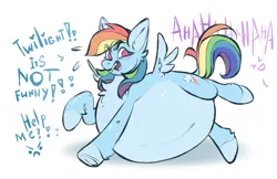Size: 3800x2468 | Tagged: safe, artist:rico_chan, derpibooru import, rainbow dash, pegasus, pony, angry, belly, big belly, blushing, dialogue, female, frog (hoof), huge belly, image, implied twilight sparkle, impossibly large belly, inflation, mare, offscreen character, png, rainblimp dash, sketch, solo, underhoof