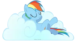 Size: 4400x2400 | Tagged: safe, artist:misterlolrus, derpibooru import, rainbow dash, pegasus, pony, .psd available, cloud, crossed legs, eyes closed, female, high res, hooves behind head, image, lying down, lying on a cloud, mare, on a cloud, on back, png, signature, simple background, smiling, solo, transparent background, vector