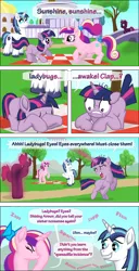 Size: 1280x2496 | Tagged: safe, artist:malte279, derpibooru import, fizzlepop berrytwist, princess cadance, shining armor, tempest shadow, twilight sparkle, insect, ladybug, pony, comic, descriptive noise, dialogue, facehoof, female, filly, filly twilight sparkle, image, png, shining armor is a goddamn moron, speech bubble, sunshine sunshine, teen princess cadance, teen shining armor, trio, twilight hates ladybugs, younger