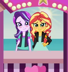 Size: 1024x1087 | Tagged: safe, artist:emeraldblast63, derpibooru import, starlight glimmer, sunset shimmer, image, jpeg, kissing booth