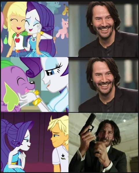 Size: 720x899 | Tagged: safe, derpibooru import, applejack, ragamuffin (equestria girls), rarity, spike, equestria girls, fandom, female, image, john wick, jpeg, keanu reeves, lesbian, male, meme, rarijack, rarimuffin, shipping, sparity, straight