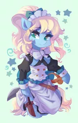 Size: 1303x2048 | Tagged: oc name needed, safe, artist:saxopi, derpibooru import, oc, unnamed oc, unofficial characters only, anthro, earth pony, anthro oc, belt, blade, bow, button, clothes, corset, eye clipping through hair, eyebrows, eyebrows visible through hair, eyelashes, green eyes, hair bow, image, jpeg, knife, leg strap, maid, maid headdress, no pupils, ponytail, smiling, solo, stars, sword, weapon