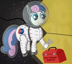 Size: 2900x2559 | Tagged: safe, artist:sweetielover, derpibooru import, bon bon, sweetie drops, earth pony, pony, astronaut, diaper, female, image, mirror, png, solo, space, spacesuit, telescope, toolbox, wrench