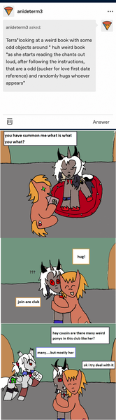 Size: 1001x3628 | Tagged: safe, artist:ask-luciavampire, derpibooru import, oc, unnamed oc, demon, demon pony, earth pony, original species, pony, undead, vampire, vampony, ask-ponys-gamer-club, dialogue, hug, image, png, tumblr