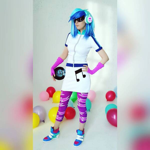 Size: 1080x1080 | Tagged: photographer needed, safe, artist:rei-doll, derpibooru import, vinyl scratch, human, equestria girls, clothes, cosplay, costume, headphones, image, irl, irl human, irl photo, jpeg, leggings, photo, record, skirt, sunglasses