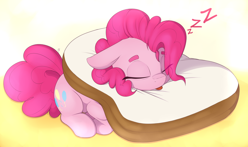 Size: 3000x1780 | Tagged: safe, artist:lockheart, derpibooru import, pinkie pie, earth pony, pony, bread, cat breading, cute, diapinkes, floppy ears, food, image, lying down, onomatopoeia, pillow, png, prone, sleeping, solo, sound effects, tongue out, zzz