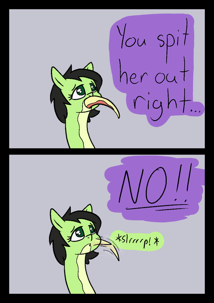 Size: 1000x1414 | Tagged: questionable, artist:happy harvey, derpibooru import, twist, oc, oc:anonfilly, original species, pony, snake, snake pony, 2 panel comic, colored pupils, comic, dialogue, drawn on phone, female, females only, filly, filly pred, filly prey, foal, image, implied twilight sparkle, png, same size vore, slurp, swallowing, vore