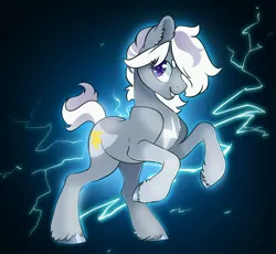 Size: 3565x3275 | Tagged: safe, artist:opalacorn, derpibooru import, oc, oc:silver bolt, unofficial characters only, earth pony, pony, art trade, electricity, female, image, jpeg, looking at you, mare, rearing, smiling, smiling at you, solo