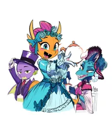 Size: 2480x2816 | Tagged: safe, artist:fanzeem, derpibooru import, princess ember, smolder, spike, dragon, blush sticker, blushing, clothes, cup, dragon trio, dress, hat, image, jpeg, open mouth, open smile, sharp teeth, simple background, smiling, teacup, teapot, teeth, top hat, trio, white background, winged spike, wings