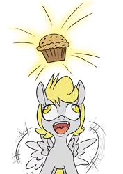 Size: 1000x1414 | Tagged: safe, artist:happy harvey, derpibooru import, derpy hooves, pegasus, pony, colored pupils, derp, drawn on phone, drawthread, excited, female, filly, flapping wings, foal, food, happy, image, looking up, muffin, open mouth, png, simple background, smiling, solo, spread wings, transparent background, wall eyed, wings