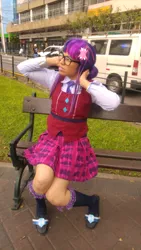 Size: 1837x3265 | Tagged: photographer needed, safe, artist:sabrina200415, derpibooru import, sci-twi, twilight sparkle, human, equestria girls, friendship games, bench, clothes, cosplay, costume, crystal prep academy uniform, image, irl, irl human, irl photo, jpeg, photo, school uniform, sitting